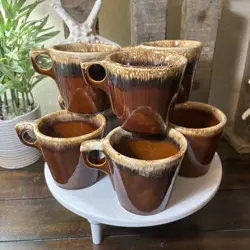 HULL POTTERY COFFEE CUP MUG BROWN DRIP GLAZE OVEN PROOF VTG USA SET OF 8