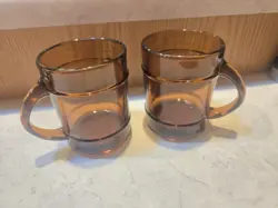 2 VINTAGE ANCHOR HOCKING FIRE KING AMBER GLASS BARREL MUG COFFEE CUPS