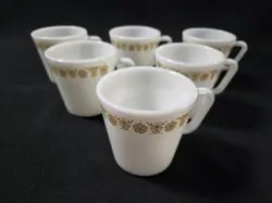 VTG 6 CORELLE PYREX BUTTERFLY GOLD MUGS 1410 D HANDLE TEA COFFEE CUPS SET