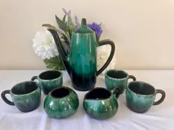 VINTAGE BLUE MOUNTAIN POTTERY COFFEE SET DRIP GLAZE TEAPOT CREAMER SUGAR MUGS