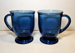 VINTAGE ANCHOR HOCKING CAFE MUGS COBALT BLUE GLASS FOOTED,  SET OF 2