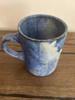 VINTAGE STUDIO POTTERY COFFEE MUG BLUE GLAZE MATTE DRIP CUP LARGE