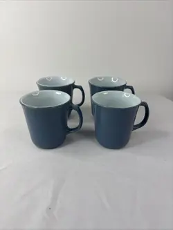 PYREX SLATE BLUE COFFEE MUG CUPS D HANDLED - VINTAGE RETRO SET OF 4