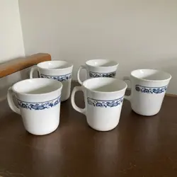 CORNING CORELLE OLD TOWN BLUE ONION VINTAGE COFFEE CUPS MUGS USA MADE SET OF 5
