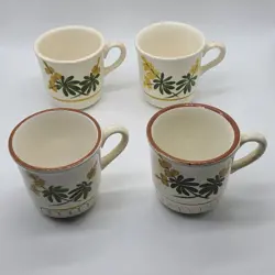 VINTAGE STANGL GOLDEN BLOSSOM HAND PAINTED SET OF 4 COFFEE CUPS MUGS STONEWARE