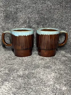 2 RARE VINTAGE BROWN/TURQUOISE DRIP GLAZE CERAMIC STACKABLE COFFEE MUGS JAPAN