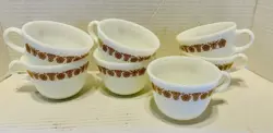 VTG SET OF 7 PYREX CORELLE BUTTERFLY GOLD C HANDLE MILK GLASS COFFEE CUPS