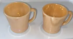 SET OF 2 FIRE KING PEACH LUSTER IRIDESCENT D HANDLE COFFEE TEA CUP MUG VINTAGE