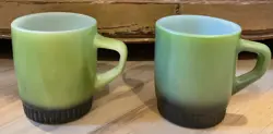 SET OF 2 VINTAGE AVOCADO GREEN FIRE KING ANCHOR HOCKING MUG STACKING COFFEE CUPS