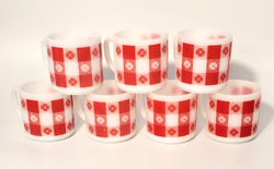 7 VINTAGE FEDERAL MILK GLASS MUGS RED WHITE CHECKERED GINGHAM FLORAL D HANDLE