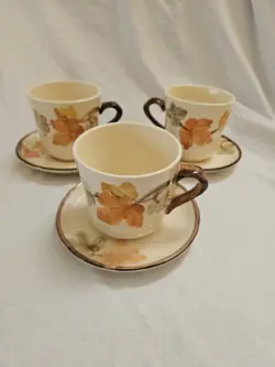 VTG FRANCISCAN OCTOBER AUTUMN LEAVES FALL (3 )TEA COFFEE CUPS (3) SAUCERS USA