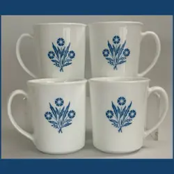 VTG USA CORNINGWARE BLUE CORNFLOWER CERAMIC 11 OZ COFFEE/TEA MUGS - SET OF 4!