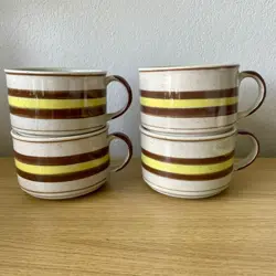 VTG STONEWARE JAPAN SOUP MUGS CHILI BOWLS HANDLES YELLOW BROWN MCM SET OF 4