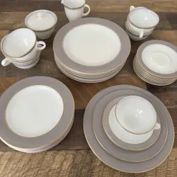 VINTAGE PYREX DINNERWARE SET (34) DISHES PLATES CUPS SAUCERS WHITE GOLD RIM RARE