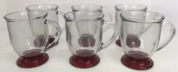 VTG ANCHOR HOCKING RED FOOTED BASE CLEAR GLASS HEAVY COFFEE MUG HOLIDAYS 5” X6