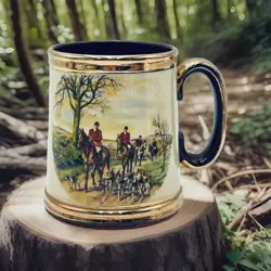 GIBSONS STAFFORDSHIRE ENGLAND FOX HUNT POTTERY MUG EQUESTRIAN GOLD TRIM VINTAGE