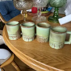 SET OF 4 VINTAGE FRANKOMA STONEWARE COFFEE MUG PRAIRIE GREEN MAYAN AZTEC C4