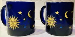 2 VINTAGE LIBBEY COFFEE MUGS COBALT BLUE GLASS CELESTIAL SUN MOON STARS CUPS USA