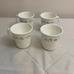 VINTAGE CORELLE COUNTRY COTTAGE MUGS (SET OF 4), WHITE WITH PERIWENKLE & GREEN