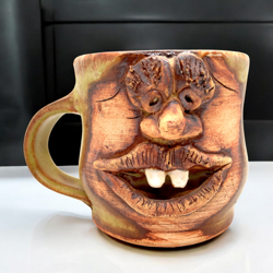 OVERBITE FUNNY UGLY 3D FACE MUG STUDIO ART POTTERY DRIP GLAZE SIGNED 3-1/2