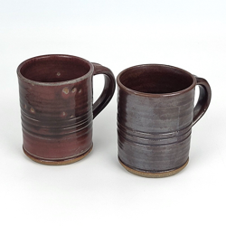 VTG - HANSELMANN POTTERY - TWO STONEWARE COFFEE MUGS TEA CUPS - IRIDESCENT BROWN