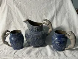 VINTAGE STUDIO POTTERY PITCHER AND MUGS GRAY & BLUE BBP 1991 & 1992