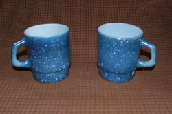 VTG 2 FIRE KING BLUE WHITE SPECKLED MUG ANCHOR HOCKING USA STACKABLE D-HANDLE