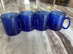 ? VINTAGE COBALT BLUE GLASS MUGS SET OF 4 CUPS MADE IN FRANCE ?