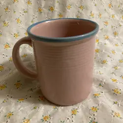 VINTAGE RIO CENTURY STONEWARE COFFEE CUP PINK WITH BLUE TRIM MADE IN JAPAN