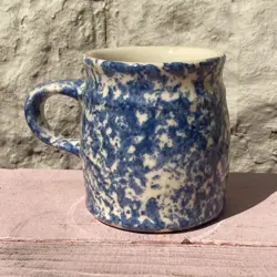 VINTAGE ROSEVILLE FRIENDSHIP POTTERY BLUE SPONGEWARE COFFEE CUP MUG USED