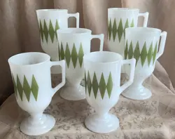 (6) VINTAGE FEDERAL WHITE MILK GLASS TALL FOOTED COFFEE MUG GREEN DIAMOND 5.5