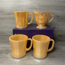 ANCHOR HOCKING FIRE KING MUGS CREAMER PEACH LUSTER IRIDESCENT CUPS D HANDLE VTG
