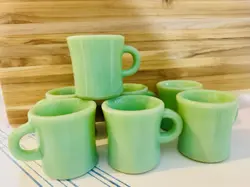 7 VINTAGE FIRE KING JADEITE RESTAURANT WARE C HANDLE HEAVY MUGS- ROUGH CONDITION