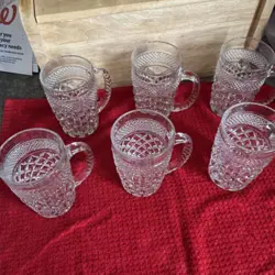 6 VINTAGE ANCHOR HOCKING WEXFORD GLASS HANDLE MUGS