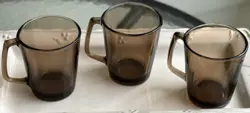 VINTAGE PYREX 1400-F SMOKED AMBER FIRESIDE GLASS MUG COFFEE CUP CORNING SET OF 3