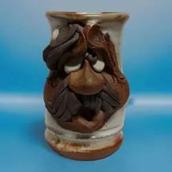 VINTAGE SIGNED MMS MAHON UGLY FUNNY FACE 3D STONEWARE POTTERY MUG MUSTACHE MAN