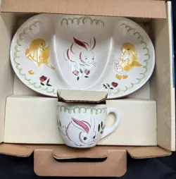 VINTAGE STANGL POTTERY KIDDIEWARE BARNYARD CHILD'S CERAMIC PLATE & MUG BUNNY