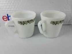 PAIR VINTAGE PYREX SPRING BLOSSOM MUGS BORDER GREEN WHITE COFFEE CUPS #1410