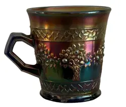 VINTAGE COBALT BLUE CARNIVAL GLASS FENTON ORANGE TREE HANDLED MUG CUP EUC