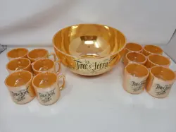 VINTAGE FIRE KING PEACH LUSTRE TOM & JERRY PUNCH BOWL & 12 MUGS