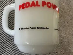 VTG 1958 ANCHOR HOCKING FIRE KING SNOOPY PEDAL POWER MILK GLASS COFFEE MUG