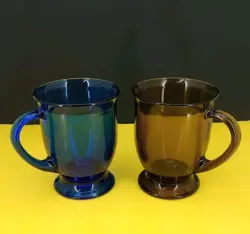 VINTAGE ANCHOR HOCKING GLASS FOOTED COFFEE MUG 16 OZ USA SET OF 2
