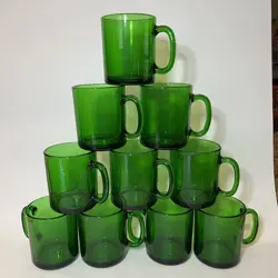 10 VINTAGE EMERALD GREEN GLASS MUGS, MADE IN FRANCE, GORGEOUS