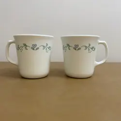 VINTAGE CORELLE COUNTRY COTTAGE MUGS (SET OF 2), WHITE WITH PERIWENKLE & GREEN