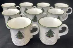 9 CUTHBERTSON ORIGINAL CHRISTMAS TREE MUGS EMBOSSED VINTAGE MADE IN ENGLAND