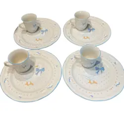 BRICK OVEN STONEWARE AUNT RHODY GOOSE BOW 11IN MUG DINNER PLATE SET 8 VINTAGE