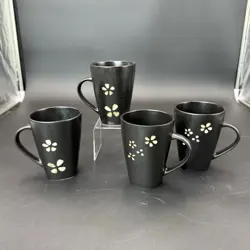 VINTAGE SYLVAN SPRINGS BY HOME TRENDS STONEWARE COFFEE MUG BLACK SET OF 4 ~ 11OZ