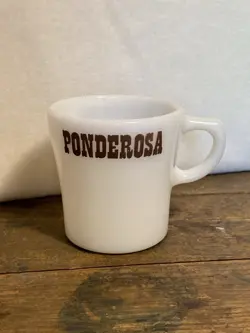 VINTAGE PONDEROSA STEAKHOUSE COFFEE MUG PYREX MILK GLASS CUP ADVERTISING