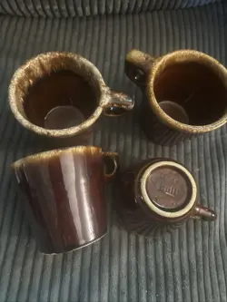 SET OF 4 VINTAGE HULL POTTERY OVEN PROOF USA BROWN DRIP GLAZE COFFEE MUGS