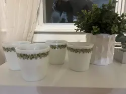 VINTAGE PYREX CORELLE MUG CUP SPRING BLOSSOM CRAZY DAISY GLASS GREEN SET OF 4